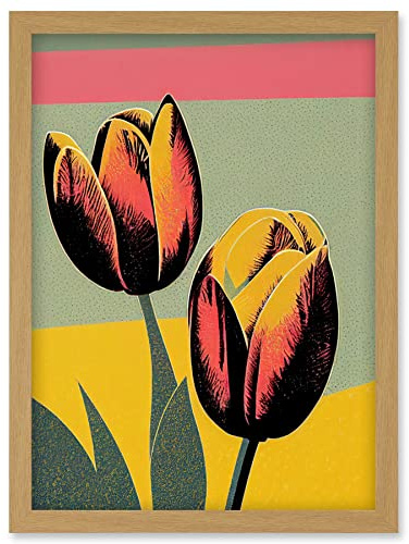 Wee Blue Coo Bright Modern Silkscreen Tulip Blooms Stencil Dusky Pink Sage Green Mustard Yellow Artwork Framed Wall Art Print A4