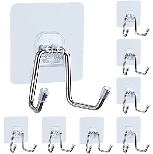 Adhesive Hooks,8 PCS Heavy Duty Door Wall Hanging Hook Adhesive Double Hooks for Kitchen, Bathroom, Office, Closet, Hanging Coat Cloth Towel Key Decorations 44 lb/20kg (Max)