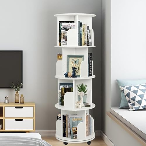 Nisorpa Bücherregal Drehbar Massivholz Drehregal Holzregal mit Rädern,4-Regal-Drehbares Bücherregal,360° Beweglich Standregal CD/DVD Multifunktionales Lagerregal für Kinder und Erwachsene