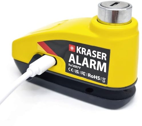 KRASER KR7Y Antifurto Moto Blocca Disco con Allarme 110dB, USB Batteria Ricaricabile, Sensori Movimento, Impermeabile Resistente Visibile, Blocco Pressione, Lucchetto Bloccadisco 7mm per Moto Scooter