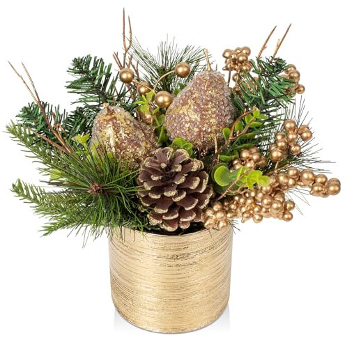 Oairse Mini Tabletop Weihnachtsbaum Kunstpflanze im Topf Weihnachtsdeko mit Birne und Tannenzapfen, für Weihnachtsdekoration Wohnkultur Küche Esstisch, Dekopflanze Zimmerpflanze Tischdeko