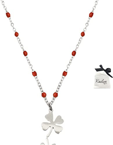 Collier Femme Pendentif Trèfle Chaîne en Acier Inoxydable Argent Or Artisanal Perles Porte Bonheur Fait Main Trèfle à 4 Feuilles Idée Cadeau Anniversaire Noel Fête Mères Hypoallergénique (55, Rouge)