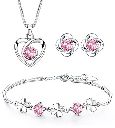 Josfeva Parure de bijoux pour femme en argent 925 avec collier en forme de cœur, bracelet trèfle et boucles d'oreilles trèfle avec zircone cubique 5A blanc, rose, bleu, violet, collier d'amour 45 cm