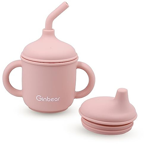 Ginbear 2-in-1 Sip-N-Straw Cup for Baby, Spill Proof Non-Toxic BPA Free Food Grade Silicone Training Transition Sippy Cup for Toddler 6 Months+ (Pink)