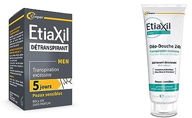 ETIAXIL - Détranspirant MEN - Traitement Transpiration Excessive - Aisselles - Peaux Sensibles - 15 ml & Déo-Douche - Gel Douche Transpiration Excessive - Corps - Peaux sensibles - 200 ml