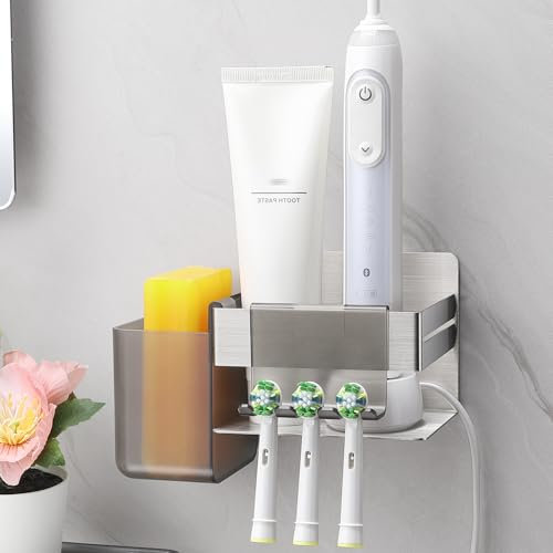 ALOCEO Porta Spazzolino per Spazzolini Elettrici da Parete Set Custodia, Porta Testine Spazzolino Elettrico con 2 Ganci, Organizzare il Spazzolino Caricabatterie e Dentifricio, Argento