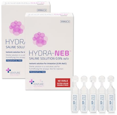 Hydra-Neb 100ml Isotonic Saline Solution 0.9% NaCl - Inhalation Solution for Nebuliser – Reduce Mucus and Allergy Symptoms - Nebuliser Saline Solution for Humidyfing Airways - 40 x 2.5ml Vials