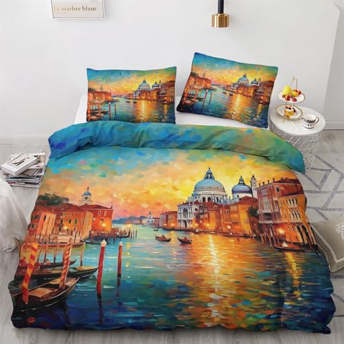 GEDAEUBA Venedig Bettwäsche 135x200 Winter - Italienische Stadt Bettbezug 135 x 200 2er Set, Wendebettwäsche und Kissenbezug 80x80, Weiche & Angenehme Mikrofaser Bettwäsche-Sets mit Reißverschluss