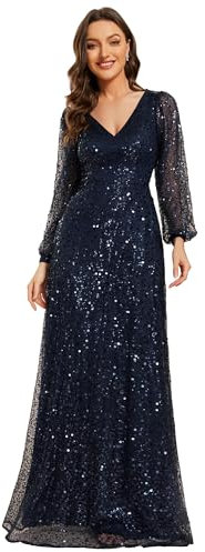 Ever-Pretty Robe De Mariée Longue pour Mère Paillettes Manches Longues Col V Lingne A Chic Bleu Marine 38