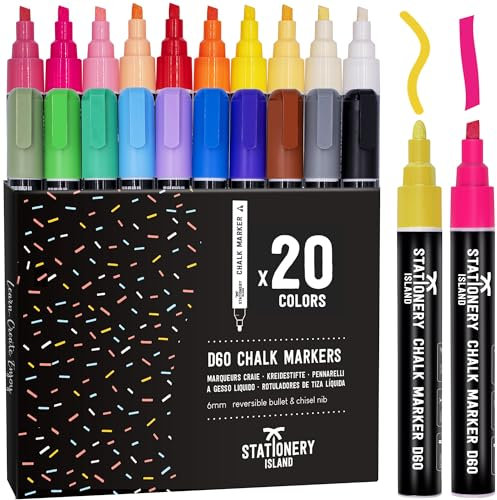 STATIONERY ISLAND Kreidestifte für Tafel Abwaschbar, Kreidestifte für Fenster, 20 Farben Kreidemarker für Glas & Tafeln, Bunt Fensterstifte