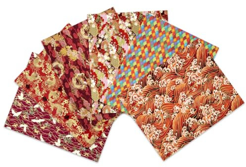 Tissus Couture Rouge 6 Pièces,Oriental Style Tissu Matelassé Asiatique 50 x 40cm,Patchwork Tissu Japonais Fish Blossom Wave Dragon Fabric Pour La Couture Quilting Artisanat DIY