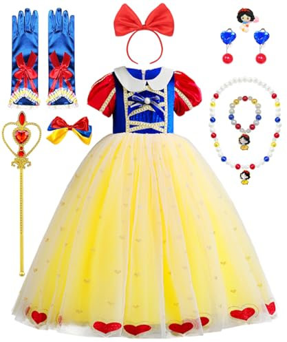YYDSXK Robe Princesse Fille, Blanche Neige Costume Déguisement Enfant avec Baguette Ensemble de Collier de Couronne, Deguisement Fille pour Halloween Anniversaire Fêté Carnaval Cosplay