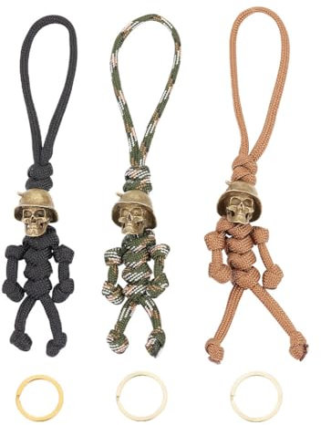 GOMAKERER 3 Stück 3 Farben Totenkopf-Seil-Schlüsselanhänger, Antiker Messing-Skelett-Soldat-Schlüsselanhänger Schlüsselband Hutseil-Anhänger Für Tasche, Motorrad, Schlüsselzubehör
