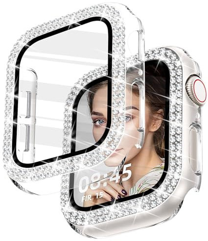Newlibery Glitzer Diamanten Hülle für Damen, Kompatibel mit Apple Watch 44 mm, Hart PC Bumper Case mit HD Gehärtetes Displayschutz Folie für iWatch Series 4/5/6/SE - Klar 44mm