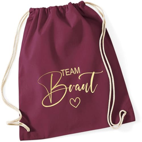 AWASG Turnbeutel JGA Team Braut mit Herz - Braut Jutebeutel zum Zuziehen - Junggeselinnenabschied Accessoire Bride (burgund)