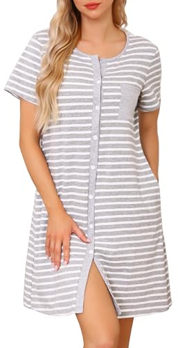 Lovasy Chemise de Nuit Femme Coton Chemise de Nuit Manches Courtes à Rayure Robe De Nuit Boutonnée Devant Tee Shirt de Nuit Femme Grande Taille avec Poches Latérales