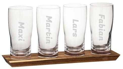 LUXENTU Biergläser Pint Gläser mit individueller Gravur 4er Set, 430 ml, Bier Tasting-Set mit Servierbrett, Personalisierte Lasergravur als Geschenkidee