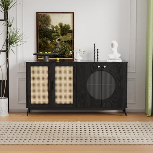 Lexiou Sideboard mit Glastüren aus Rattan, halbrunde Tür, hochwertige Aufbewahrungsmöbel