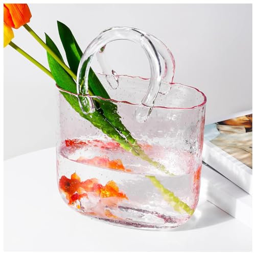 ZDHFFFUK Vase en Verre pour Fleurs, avec poignées, Sac à Main à Bulles, Vase en Verre, Vase en Verre pour décoration, Style 1-Rose