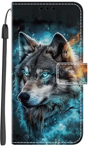 Xkladz Coque pour Samsung Galaxy S23 FE 5G Protection Pochette Housse Motif PU Étui en Cuir Portefeuille Flip Case Magnétique Etui à Rabat Antichoc Fente Carte Support Cover, Loup Fantôme