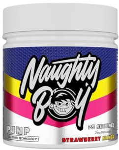 Naughty Boy Cell Swell Technology, Non Stimulant Pre Workout - Pump, Performance & Focus. L-Citrulline 6g, Beta Alanine 3.2g and Added Arginine, 400g - 25 Servings (Strawberry Mango)