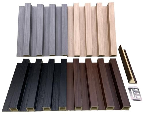 YU LI 3DH WPC Slat Wall Panels 4-Pack 6.6X 6in & 1 Trim Accent Black Wood Grain 3D Wall Panels Interior Wall Modern Décor 4 Samples