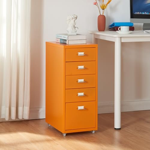 [en.casa] Rollcontainer Kökar Schubladenschrank Metall Aktenschrank mit 5 Schubladen Bürowagen mit Rollen für Arbeitszimmer 69 x 28 x 41 cm Orange