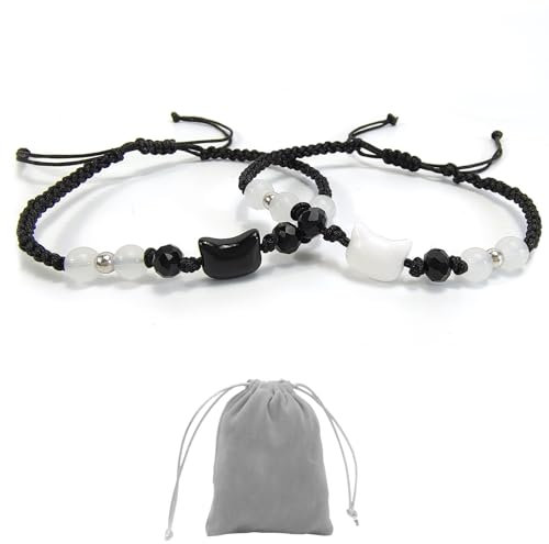 FloraMolly Bracelet connecté couple, 2 réglable main noir et blanc chat bracelet pour les sœurs, meilleurs amis, amis proches avec sac de rangement gris
