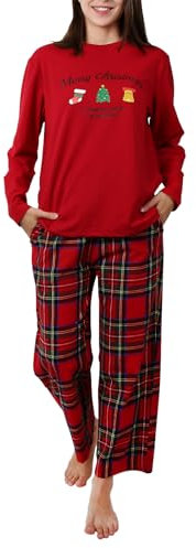 OCCIENTEC Pyjama Femme Hiver Noël Ensemble de Pyjama Femme en Coton Top Imprimé et Pantalon à Carreaux Rouge,XS