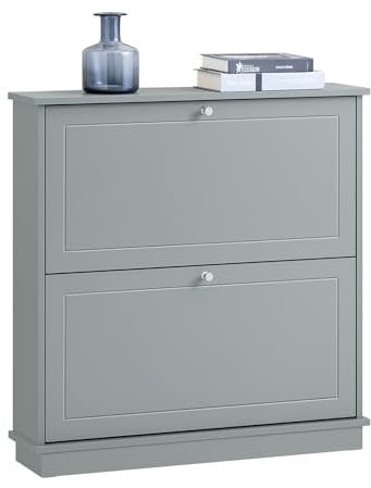 SoBuy Schuhschrank Schmal Schuhkipper Schmal mit 2 Klappen - für bis zu 10 Paar Schuhe, stabil und kippsicher - Geeignet für Flur, Eingangsbereich - Hellgrau - BHT ca.: 76x78x18cm FSR99-HG