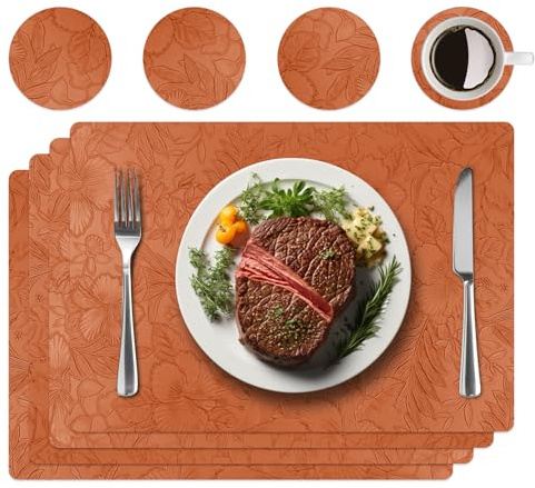 4er Set Tischsets aus Kunstleder,Platzsets abwaschbar mit Dekor | Inklusive 4 Untersetzern,edle Blumendekor-Prägung,rutschfest & hitzebeständig,idealer Tischschutz für Küche & Esstisch