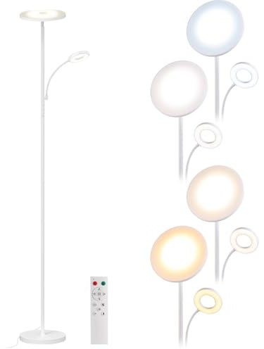 Lunartec LED Stehleuchte: LED-Stehlampe mit Leselampe, Fernbedienung, 2.800 lm, dimmbar, weiß (Deckenfluter mit Leselampe dimmbar, Stehlampe mit Leselicht, Deckenleuchte)