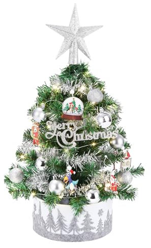 SOBEAU Mini árbol de Navidad Pequeño árbol de Navidad con iluminación, árbol de Navidad artificial con decoración navideña plateada y luces de hadas LED, árbol de Navidad de mesa de 60 cm para Navidad