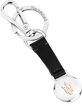 MASERATI Porte-clés Homme en Acier, Cuir Naturel Noir, Collection KEYRINGS - KMU5240101
