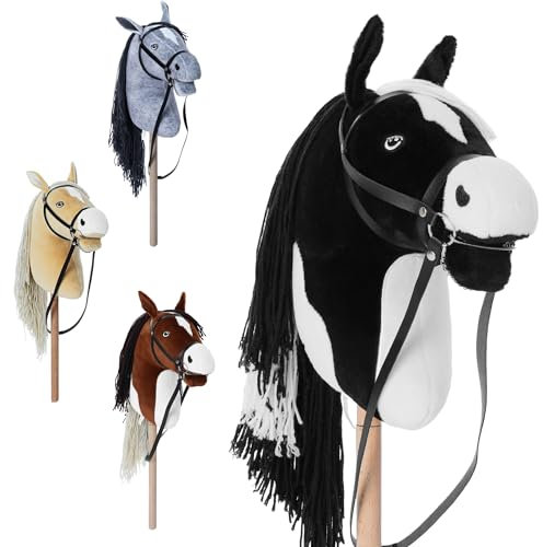 Hoofly® Hobby Horse Schwarz (Schecke) - Großes Steckenpferd für Kinder A3 mit Schraubstab/Horsing Hobby Horse Pferde Set mit Trense in 4 Farben/Steckenpferde Stockpferd mit Zubehör Hors