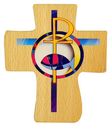 Kaltner Präsente Idea de regalo – Cruz de bautizo de 12 cm para bautizo infantil, madera de haya natural con impresión de colores