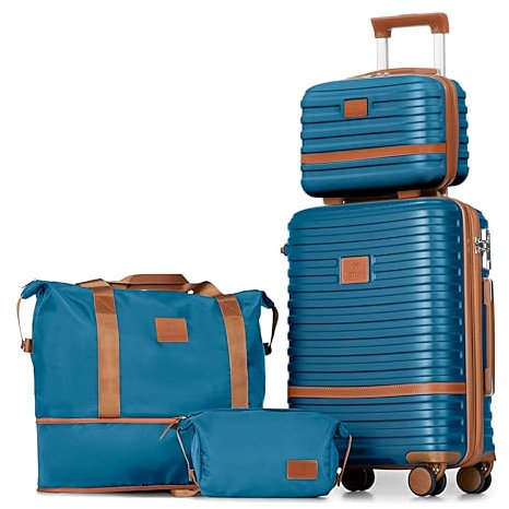 Joyway Kofferset 4 Teilig Hartschale mit 4 Rollen und TSA-Schloss Der Gepäcksets Enthält 1 Kosmetikkoffer 1 Reisetasche und 1 Kulturbeutel Blau