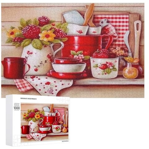 Puzzles for Adults 1000 Pieces - Cabinet Items Red Teapot Fruit Challenging Jigsaw Puzzle, Daring to Try, Family Entertainment Interactive Fun Jigsaw Puzzle Gifts