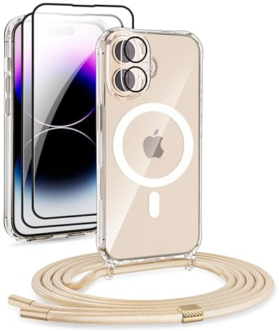 DiDaDi Handykette für iPhone 16 6,1 Hülle mit Band Magnet, Gold | Transparente Handykette, verstellbar mit 2X Panzerglas + Kameraschutz | Profi-Schutz Display & Kamera | Magnetisch Kompatibel