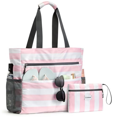 G4Free Large Beach Bag for Women Waterproof Sandproof Beach Tote Bag with Makeup Bag Zipper Pocket(Pink Stripe)
