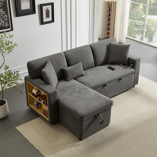 Rosebibi Corner Sofa Bett Eckcouch Couch L-Form Schlafcouch Ausziehbar, Bettkasten und integriertem Regal (Dunkelgrau)
