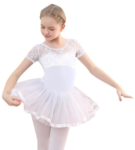 Mono para bebé niña de ballet de encaje de manga corta con tutú desmontable falda bailarina ropa de baile para niños, Blanco, 10-11 años