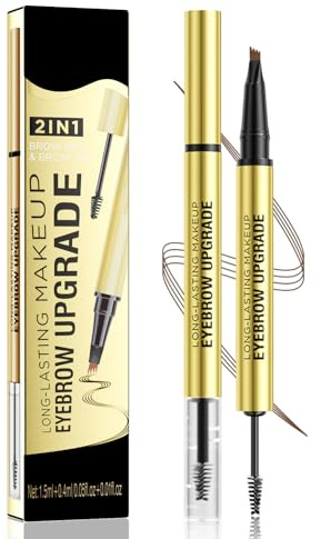 Weixinbuy 2-IN-1 Microblading Eyebrow Pen Long-lasting, Waterproof Eyebrow Pencil Dual-Ended with 4-Fork-Tip & Brow Brush & Clear Brow Gel, Fluffy & Defined Brows for Natural-Looking (2# Dark Brown)