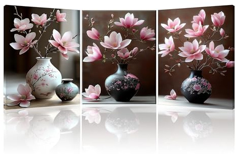 Piy Painting 3 Teilig Bilder Set Wandbilder auf Leinwand Rosa Blumen in einer Vase Kunstwerk Wandbilder Wohnzimmer Modern Wandkunst Leinwand Malerei für Badezimmer küche 30x40 cm