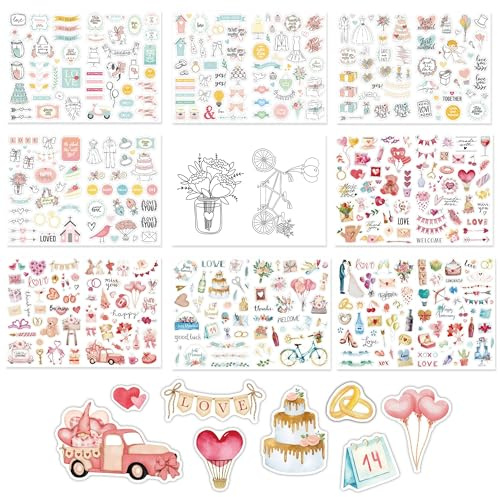 9 Bögen Sticker Hochzeit Gästebuch, 432 Motive Sticker Hochzeitsaufkleber, Aufkleber Hochzeit für Hochzeits Gästebuch Scrapbook Album