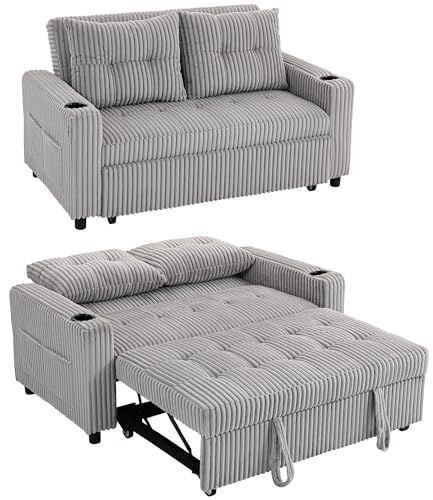 HOMCOM 3-in-1 2 Seater Sofa Bed, Convertible Sleeper Sofa with Adjustable Backrest, Corduroy Pull Out Loveseat Bed with 2 Pillows, Side Pockets and Cup Holders for Living Room, Bedroom, Light Grey