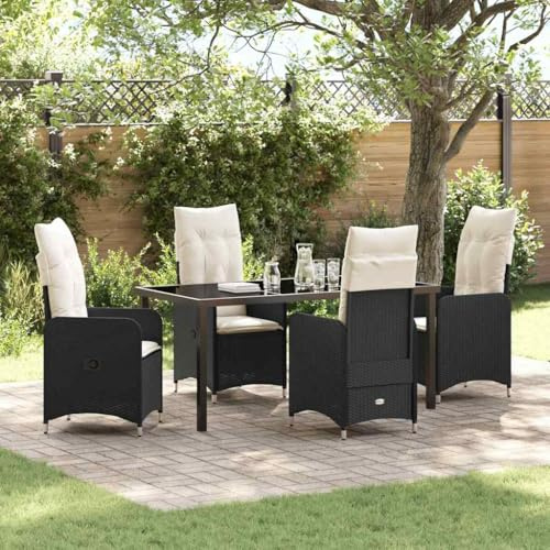 QJBSAVVA 5-teiliges Schwarz Poly Rattan Gartenmöbel Outdoor Essgruppe 160x80x73 cm Neigbarer Rücken Kühlbox Sitzkissen Modernes Design für Balkon, Terrasse und Garten