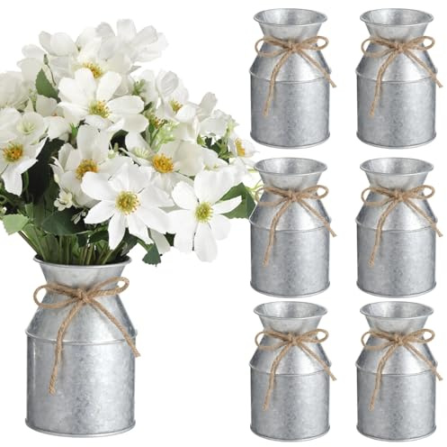 Calolin 6 Pcs Milk Can Vase, Rustic Flower Vase Set, Galvanized Vase, 5.31 in Farmhouse Vase with Burlap Bow, Vintage Metal Jug Pitcher for Home