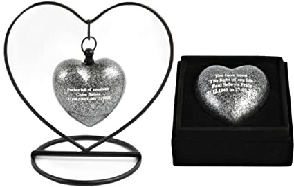 Heart Keepsake Cremation Urn for Ashes – Exclusive Protected Design Mini Aluminium Memorial Urn with Heart Stand, Velvet Box & Funnel – 3-Inch Token Ashes Holder (Grey- Text Engraved)