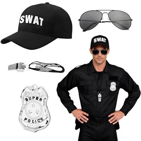 4-Teiliges SWAT Kostüm Zubehör Set - Spezialeinheit Verkleidung mit SWAT Kappe, Pilotenbrille, Polizei Marke & Pfeife - Cooles Outfit für Karneval, Fasching & Halloween Party